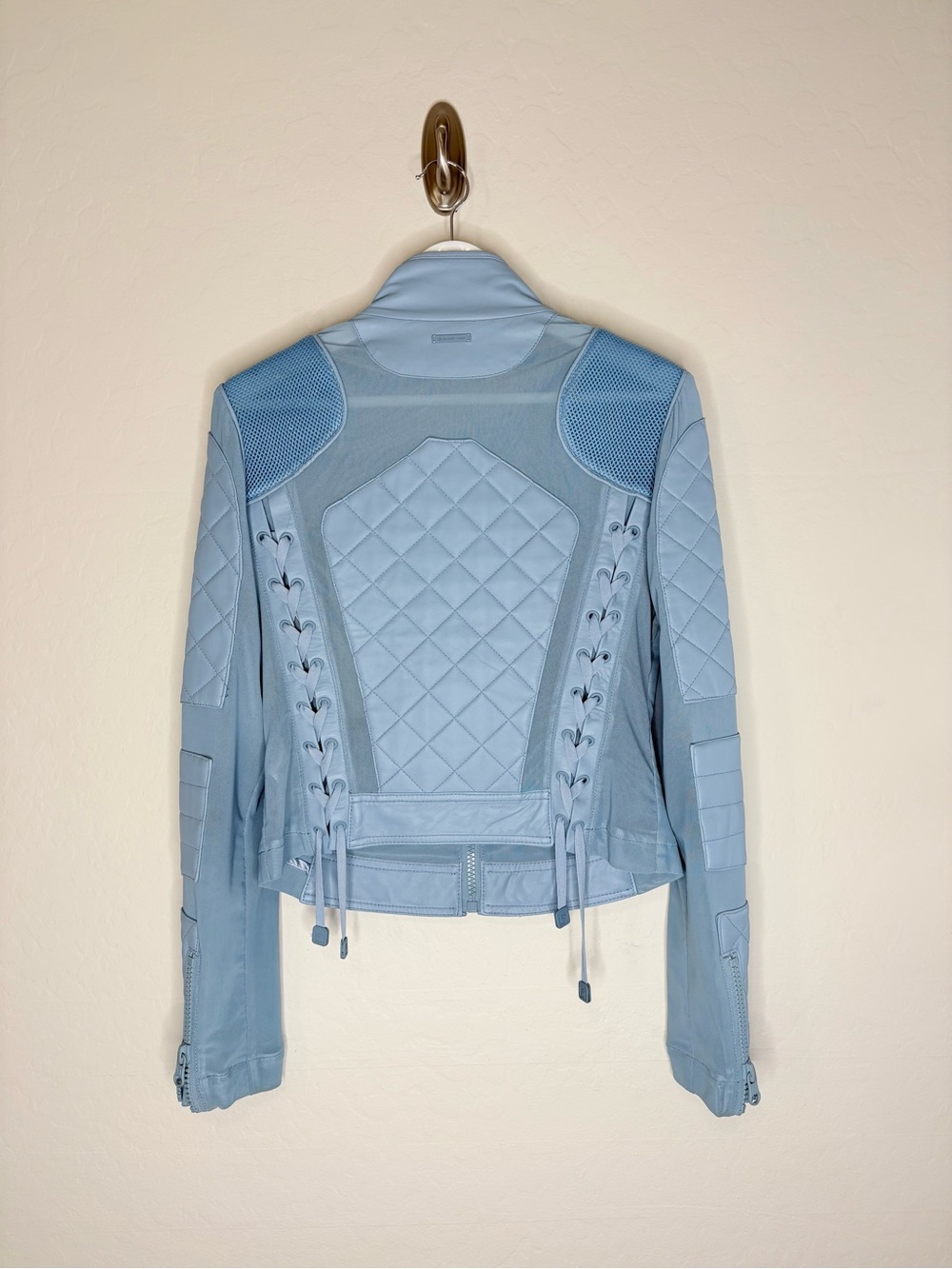 Blanc Noir Leather Quilted Moto Jacket Size Medium Light Blue Fog Mesh Biker - Picture 11 of 14